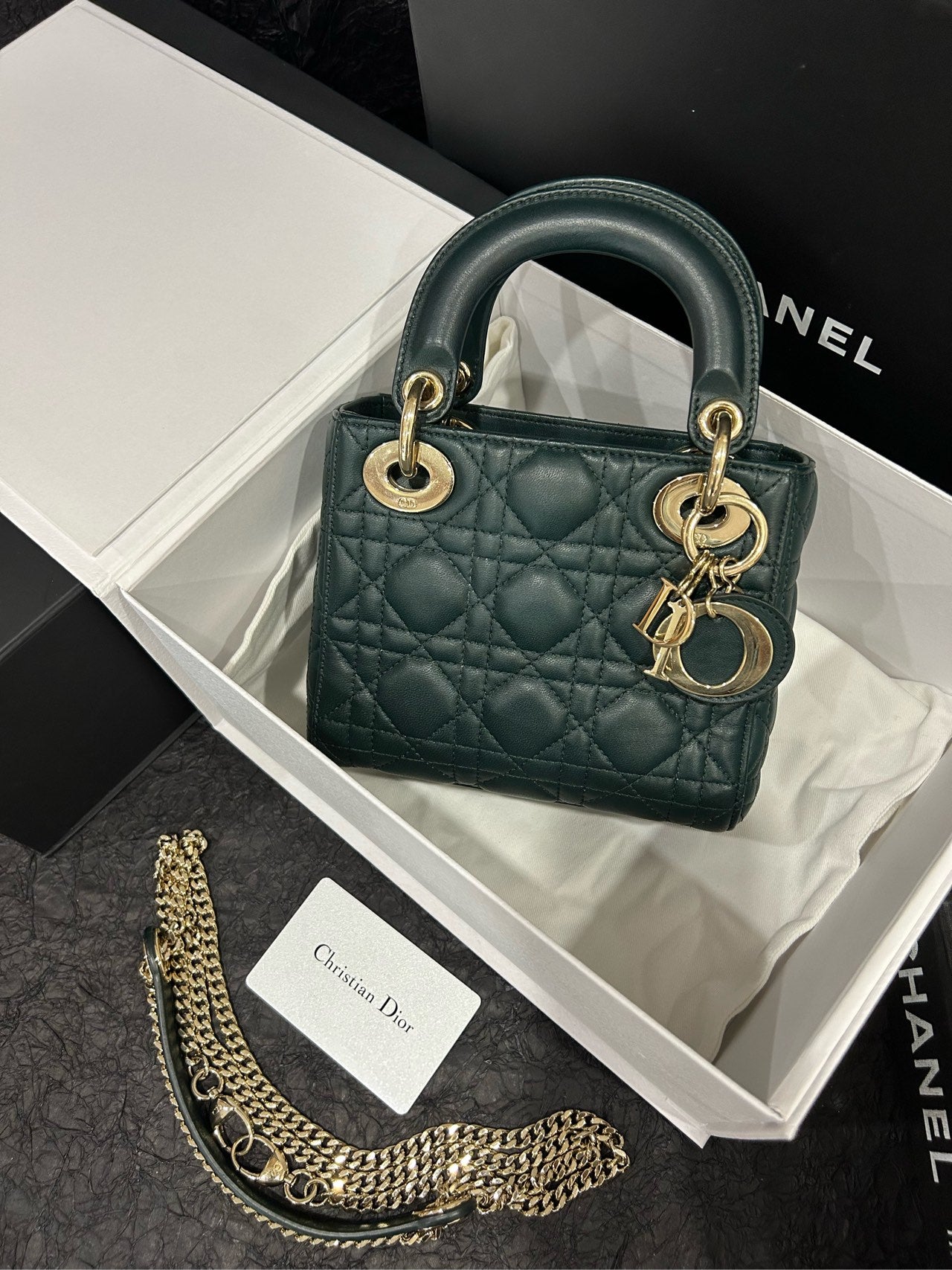Dior Rare Hunter Green Lambskin Lady Dior Mini (3-Quilt) - 17×14cm - A-Grade (Ref: 18-MA-1210)