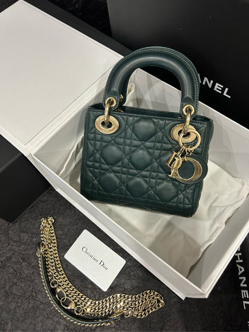 Dior Rare Hunter Green Lambskin Lady Dior Mini (3-Quilt) - 17×14cm - A-Grade (Ref: 18-MA-1210)